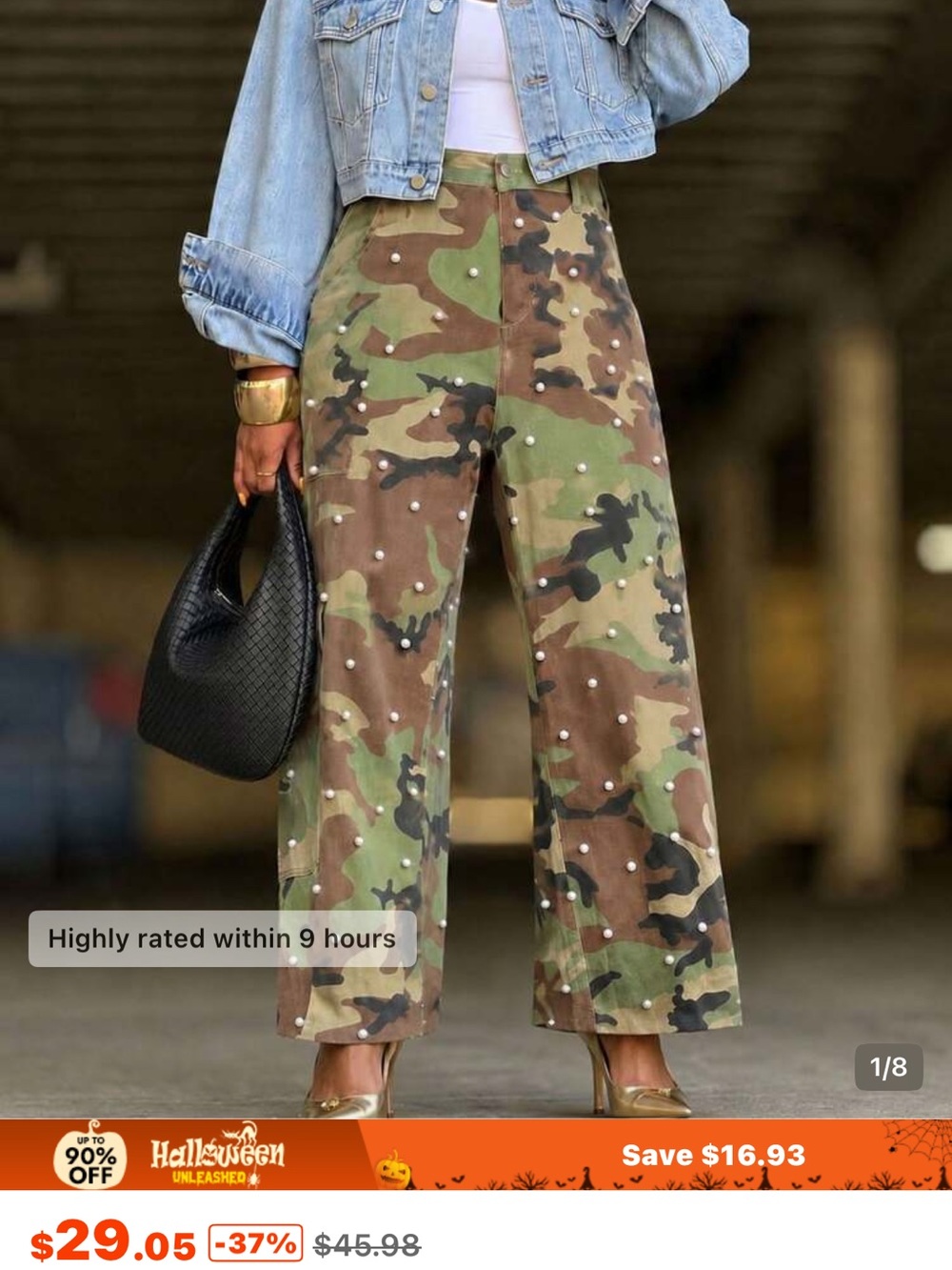 High-Waist Camouflage Wide-Leg Pants with Pearl Embellishment - Green Camo